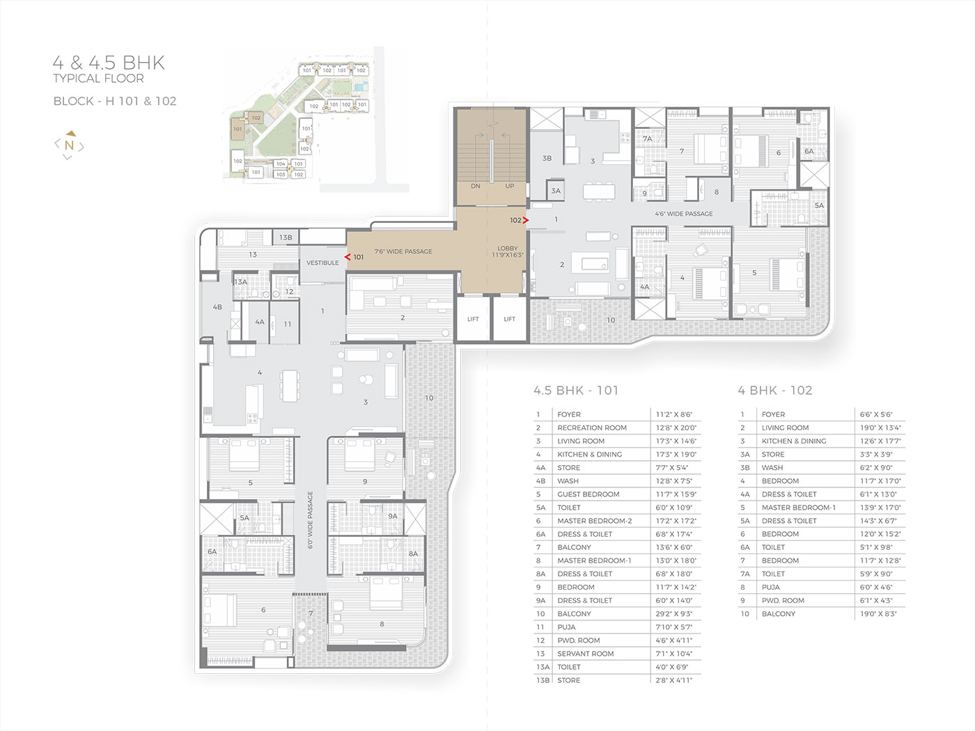 4 & 4.5 BHK Typical Floor H 101 & 102